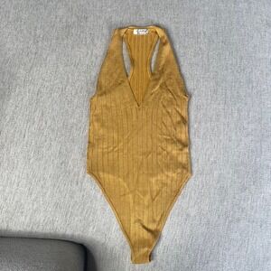 Free People Intimately Ribbed Gold Halter‎ Neck Bodysuit Women's Small